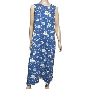Vintage Studio 14 Blue Cream Floral Print Linen Blend Sleeveless Tank Maxi Dress